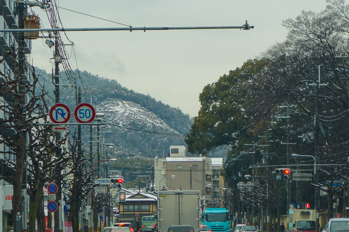 The snow-capped the Daimonji mountain